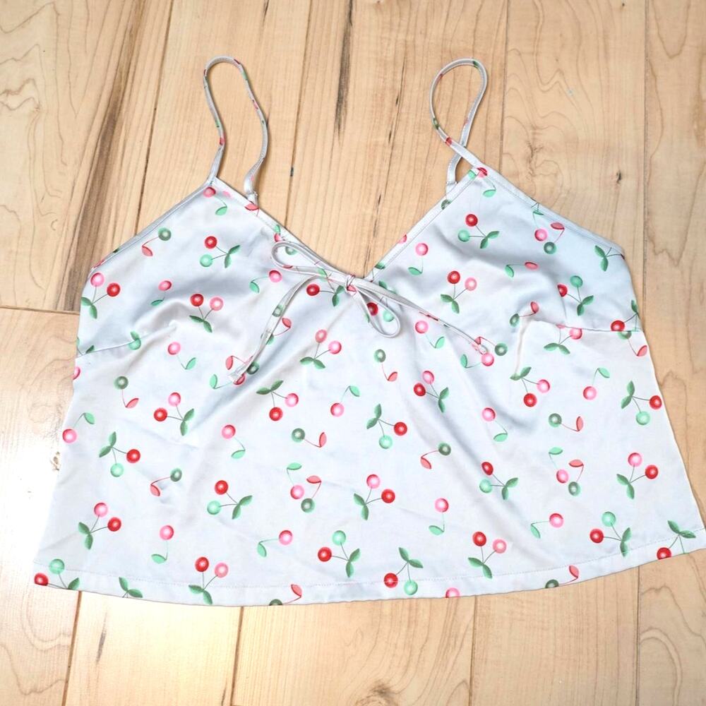 Colsie Cherry Print Satin Cami Top Coquette Bow Tie Front S